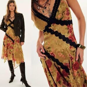 Free People Silky Satin & Lace Romantic Dainty Midi Dress Vintage Floral 10 NWT
